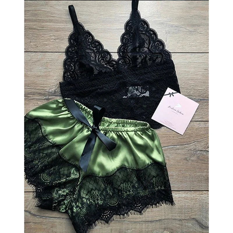 Lace Pajamas For Women Summer Sleepwear V-Neck Pajama Set Sleeveless Cami Top And Shorts Set Sexy Pyjama Homewear women pajamas set women pajama suit
