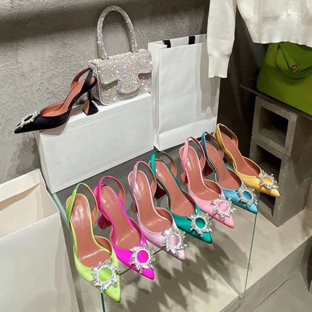 Big Size 41 42 Blue Women Pumps Silk Satin Pointy Toe Rhinestone Crystal High Heels Shoes Slip On Women Wedding Pumps Sandals