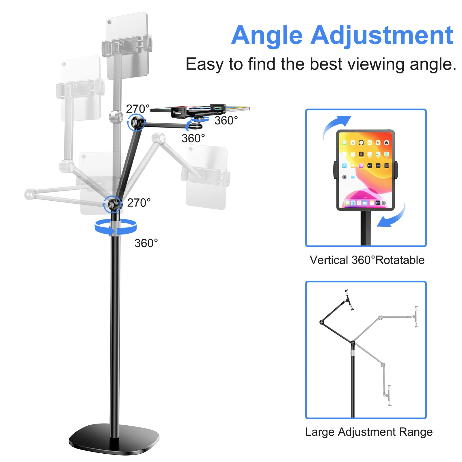 Eary Tablet Phone Floor Stand 360 Adjustable Height Angle Wider Heavier Metal Base Compatible With 4.7~12.9 Inch Screen Devices