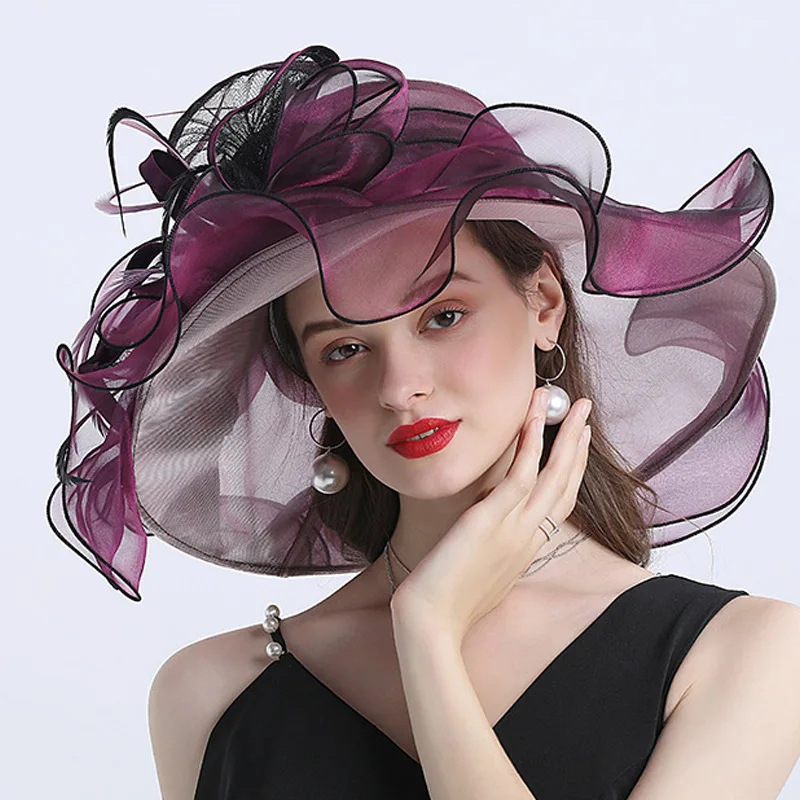 

Elegant Lady Big Brim Sun Hats For Wedding Chapeau De Mariage Hot Pink Blue Yellow Purple Women Wedding Accessories YSAN1821