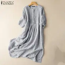 

2022 ZANZEA Women Vintage Plaid Dresses Vestidos Summer Puff Sleeve Midi Dress Sundress Casual A-line Baggy Oversized Robe Femme