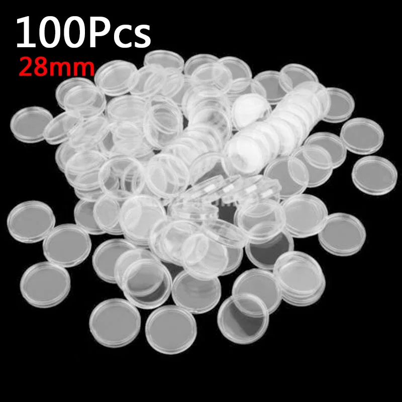

100pcs 28mm Clear Plastic Coin Clip Collection Box For Coin Storage Capsule Protective Boxs Container