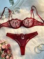 Lingerie Sexy en dentelle transparente pour femmes, sous-vêtements érotiques, ensemble soutien-gorge et culotte, vêtements de nuit, costume brodé Floral 5