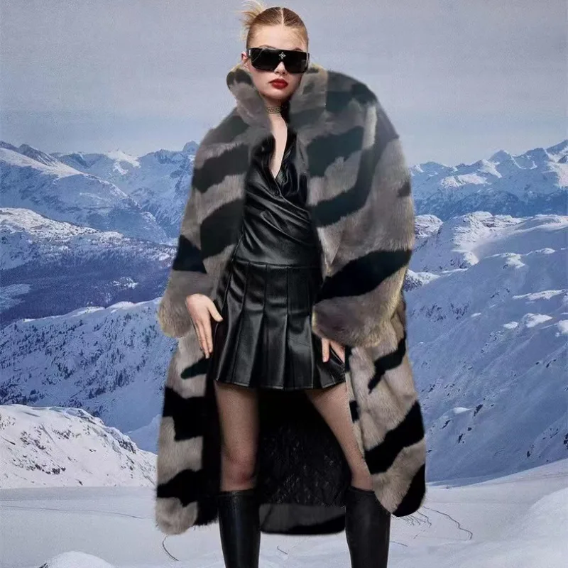 Winter Women Temperament Tiger Pattern Imitation Fur Coat Long Below The Knee Loose Large Size Outwear Fashion Versatile Outwear