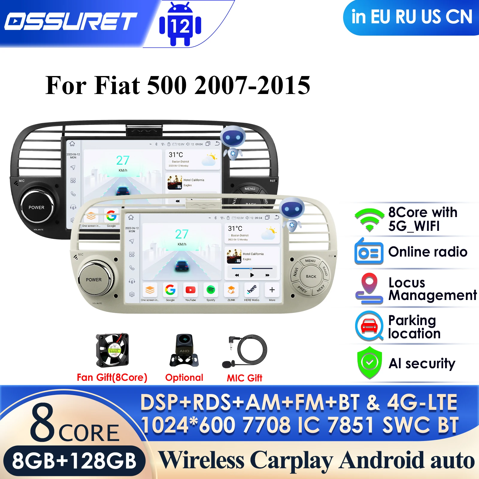 

CarPlay 4G-LTE 7 Inch Car Radio Android 13 for FIAT 500 2007 - 2014 Multimedia Video Player Audio Stereo GPS DSP WIFI BT DVR RDS