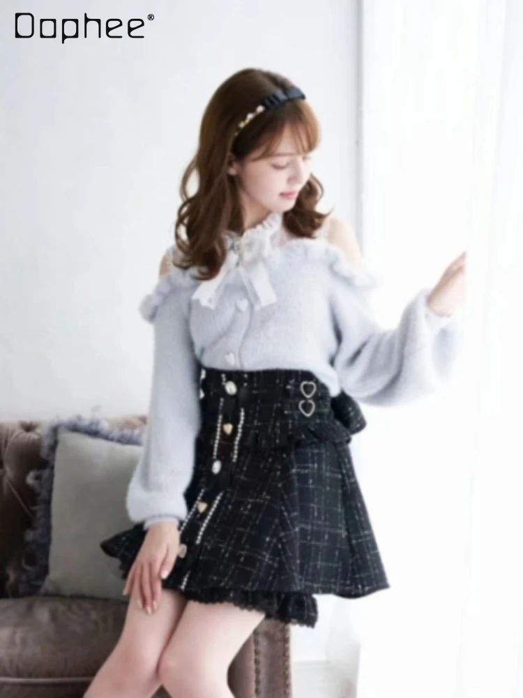 

Winter Woman Sweet Off-Shoulder Knit Sweater Top Female Student Cute Long Sleeve Knitwear Bow Lace Waist Slimming Sweaters 2023
