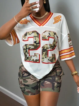 2025 Summer Women's 22nd Fashion Y2K Breathable Quick Drying T-shirt Camo Printed Loose Music Festival Party Comfortable Shirt 1