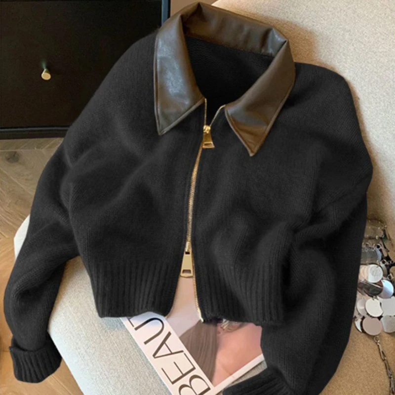 Suéter de punto con cuello de cuero Alobee, cárdigan de doble cremallera para mujer, otoño/invierno, nuevo, vintage, suave, manga larga, ropa de calle