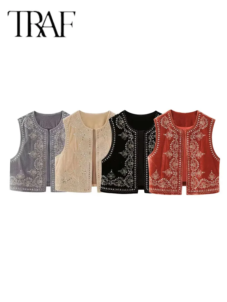 TRAF Vintage Autumn Velvet Embroidered Vest Sleeveless Jacket Women V Neck Chic Waistcoats Female Fashion Vests Coat 2023 6