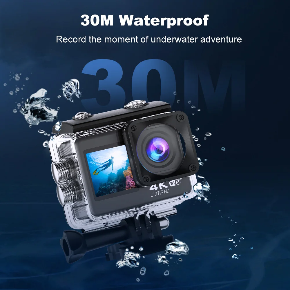 Action Camera 4K 30FPS 24MP WiFi 170° Wide Angle Len Dual Screen Display Video Camera 30M Underwater Waterproof Sport Camera 5
