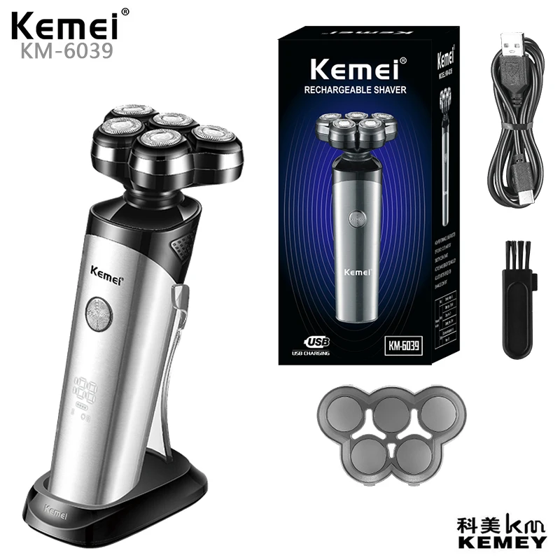 KM-6039 Shaver Waterproof Five Blade Shavers for Man with Digital Display Usb Charging Base Máquina De Cortar Cabelo