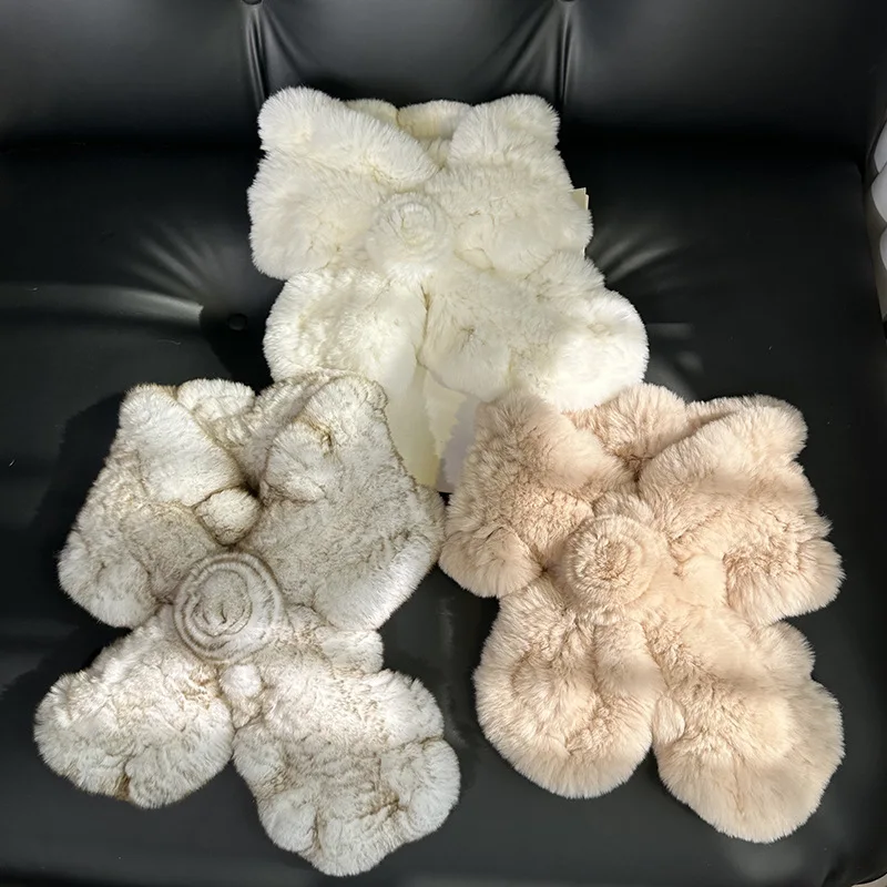 Doppelseitig gestrickter echter Rex-Kaninchenfell-Schal für Damen, handgefertigt, gerüscht, für den Winter, warm, modisch, flauschiger Wickel – Detail 26