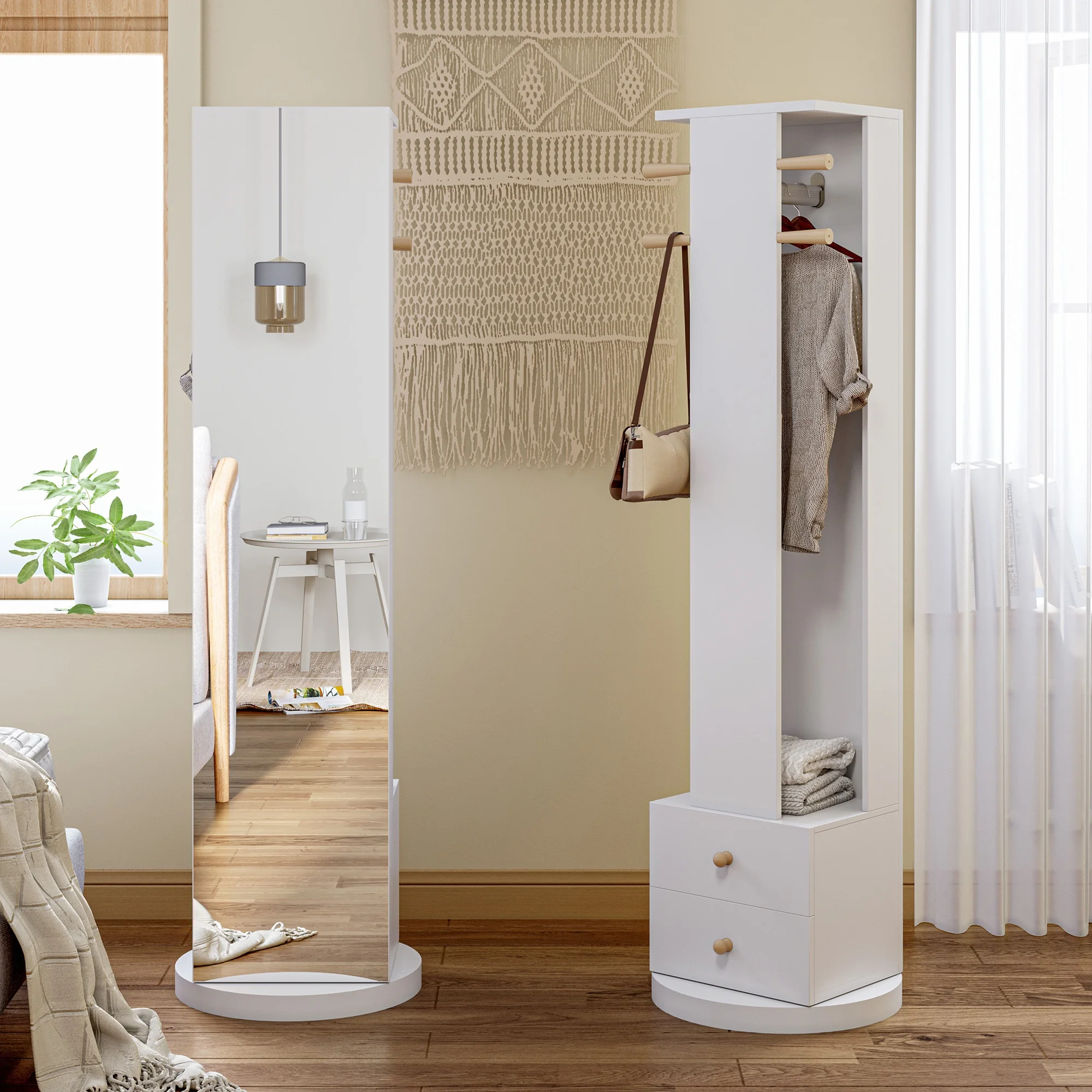 Superaly Spiegel, Drehbarer Ganzkörperspiegel mit Kleiderständer, 2 Schubladen, 2-in-1 Standspiegel mit Kleiderstange für Wohnzimmer – Detail 4