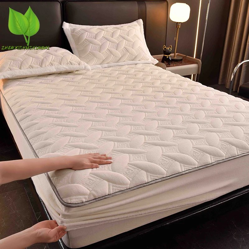 

Plush Thicken Quilt Mattress Cover Warm Soft Crystal Velvet Single Double Quilted Bed Fitted Sheet King Queen Size 150/180cm