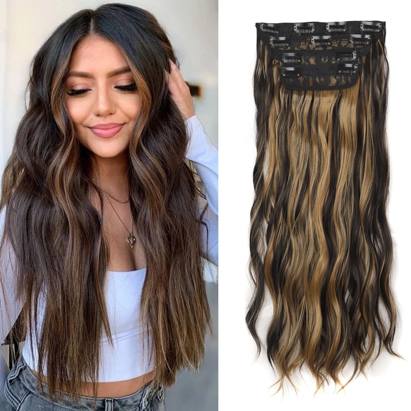 

Synthetic Long Wavy Clip in Hair Extensions for Women Natural Wave Ombre Black Brown Hairpiece 4pcs/Set 20inch Thick Hairpieces