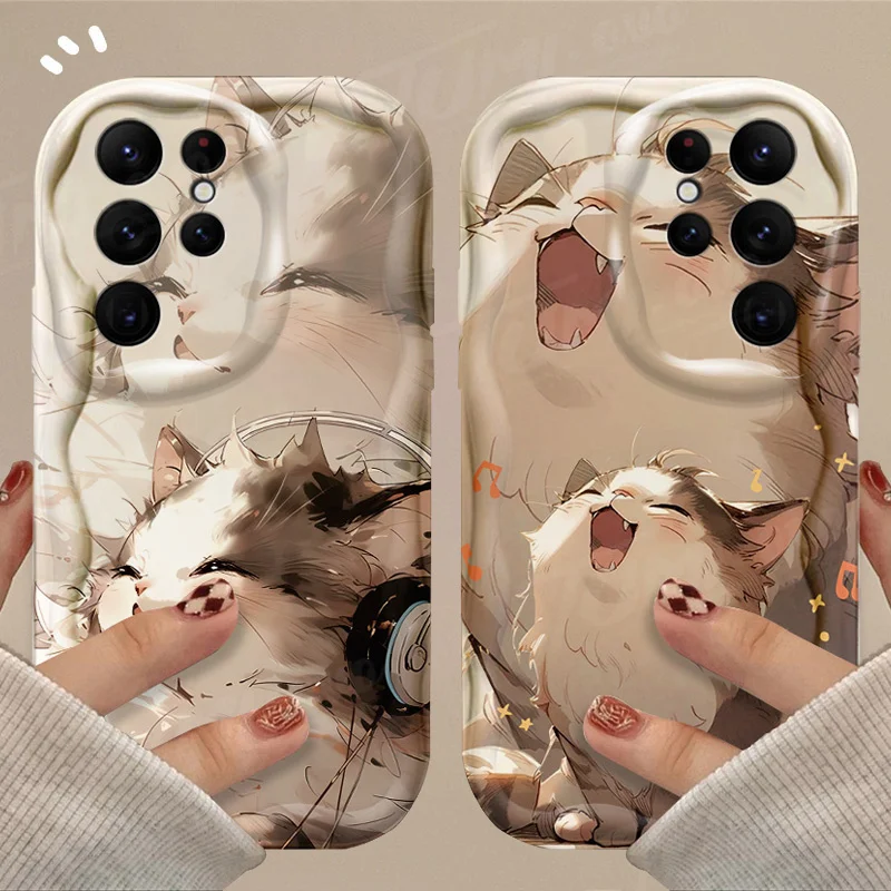 Lovely Music Cat 3D Wave Case For Samsung Galaxy S24 Ultra S23 S22 Plus S21 S20 FE A25 A55 A35 5G Shockproof Silicone Back Cover_voghion.com