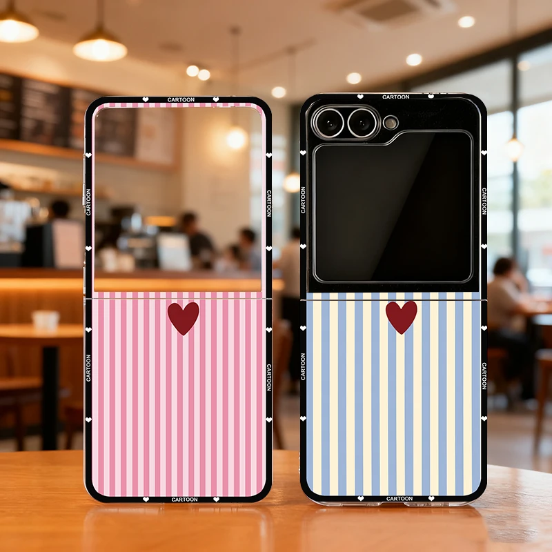Korean Cute Heart Fresh Phone Case - Pink Blue Striped Clear Cover
