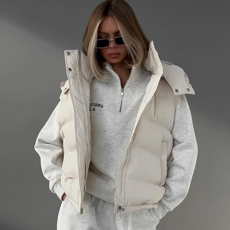 

Y2k уличная одежда, однотонный пуховой жилет без рукавов с капюшоном, новинка 2023, Повседневная модная зимняя теплая Свободная куртка для женщин