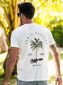 2025 New Men's Summer Casual Coconut Tree & Letter Print Round Neck Short Sleeve Vacation T-Shirt 1