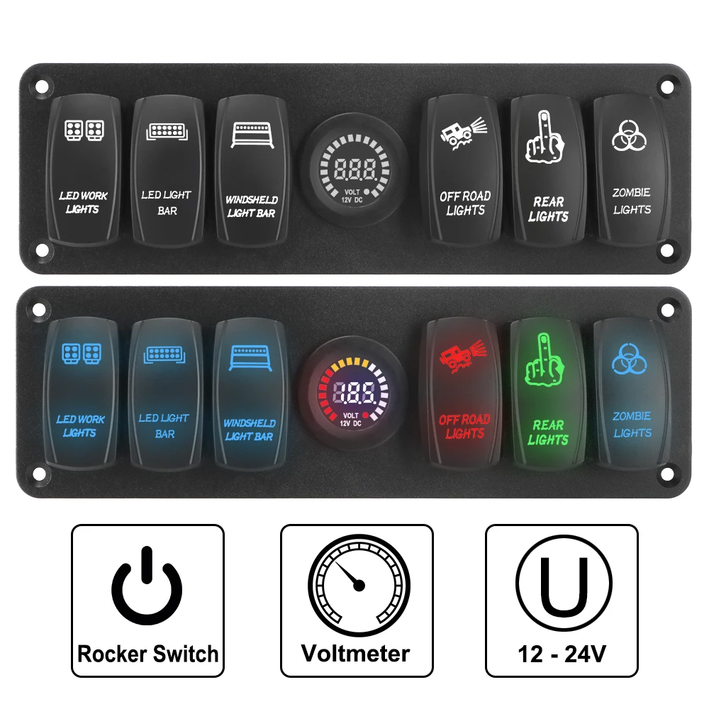 

Circuit Breaker Colorful LED Voltage Display 12-24V 6 Gang Rocker Switch Panel for RV Car Marine Waterproof On-Off