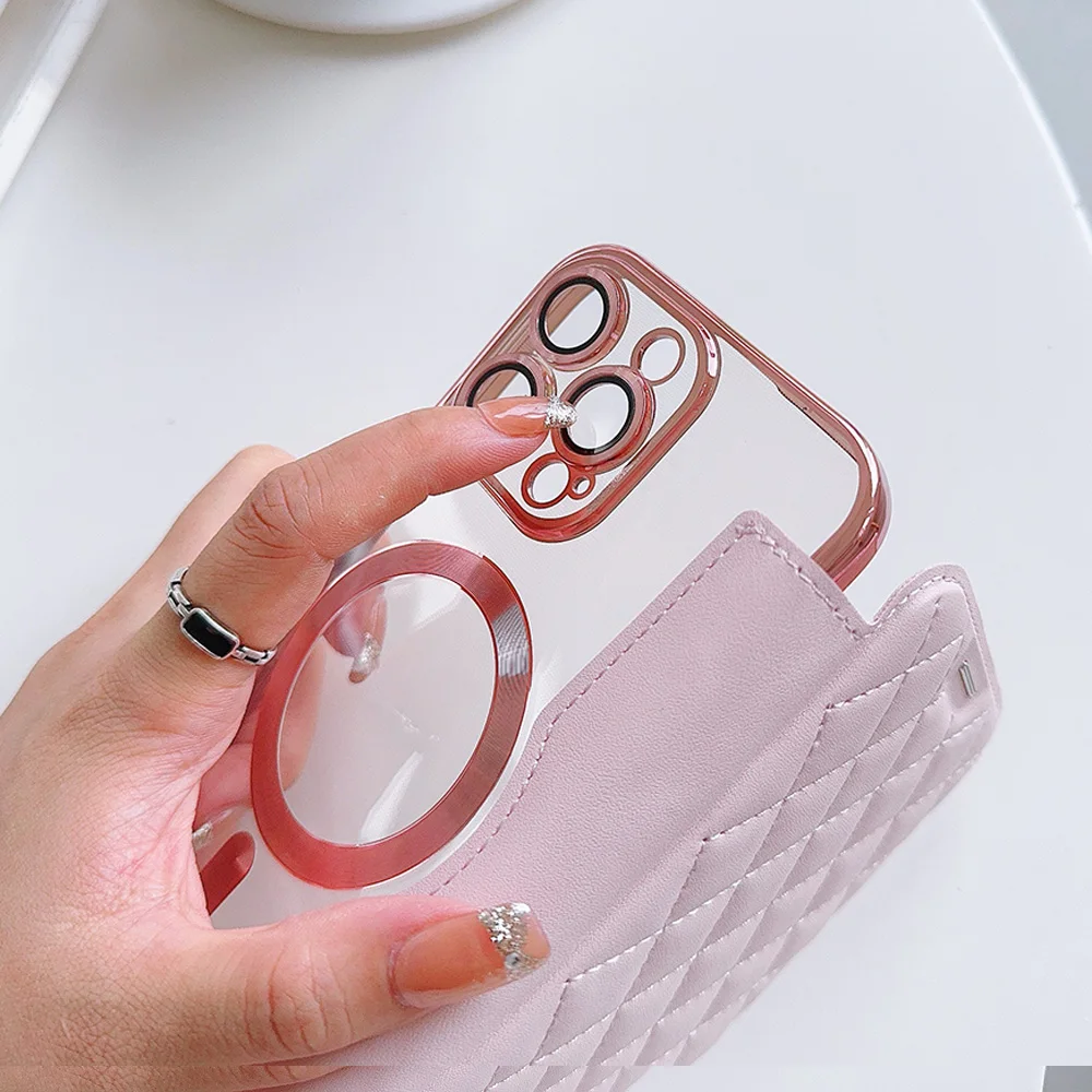Elegant Lattice Leather Wallet Flip Case with Magsafe Wireless Charging Compatibility