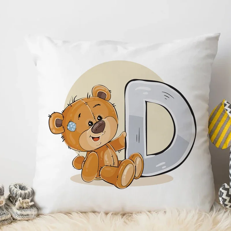 Cute Cartoon Animal Cushion Cover for Children Room Water Color A-P English Letter Print Pillow Case Soft Pillowcase 45x45cm
