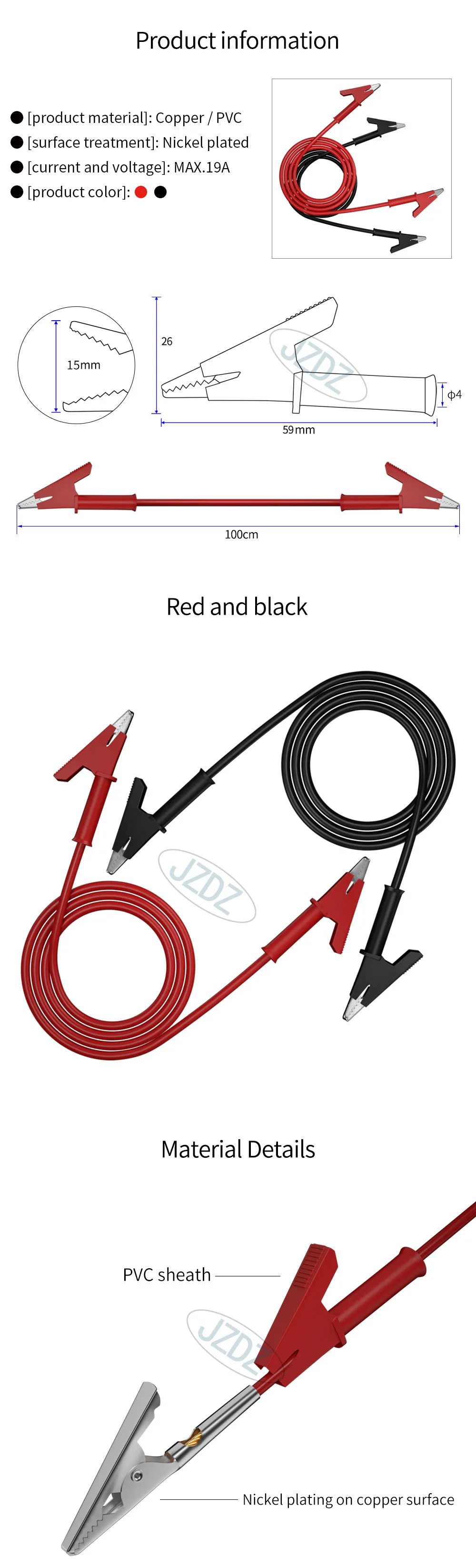 JZDZ 2 stücke 4mm Banana Stecker Alligator Clip Multimeter Test Führt Kabel Linie Jumper Draht 1m/3,3 ft Rot Schwarz – Detail 3