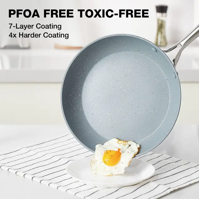 HLAFRG Padella antiaderente da 8 pollici con coperchio Padella in marmo blu con rivestimento in pietra con impugnatura soft-touch compatibile con induzione 4