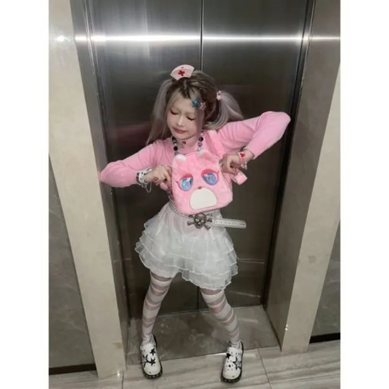 Xiuya Pink Womens Shoulder Bag Cartoon Embroidery Harajuku Fashion Y2k Crossbody Bag Cute Bear Casual Plush Soft Female Handbag