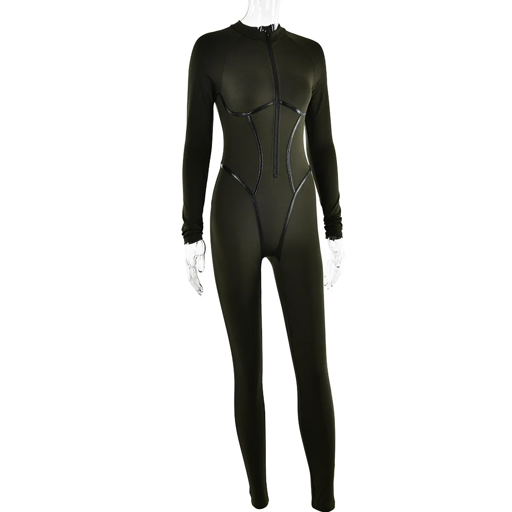 Autumn Women Leather Stripe Split Design Sense Leggings Sexy Spicy Girls Tight Long Sleeve Bodysuit  Jumpsuits Casual Sportswear