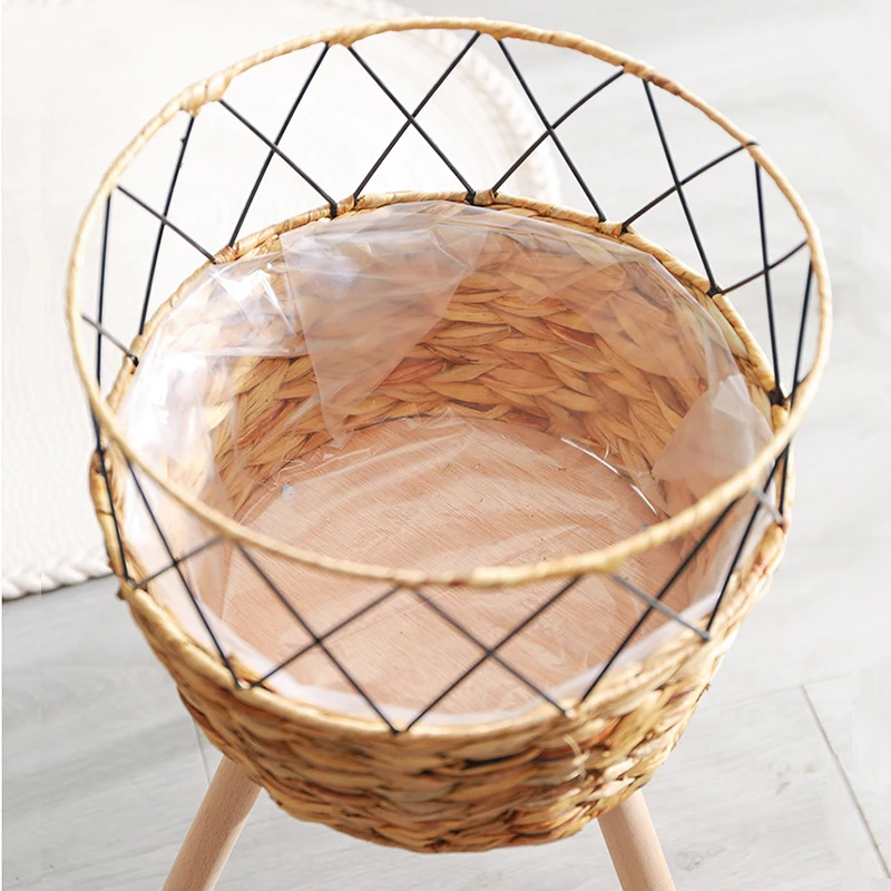 Elegant Rattan-Woven Plant Stand with Wooden Basket
