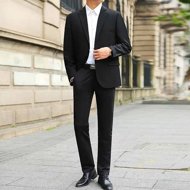 Men's Spring Fashion Solid Color Suit And Pants Two-Piece Set Wedding Dress Business Tooling All-Match Elegant