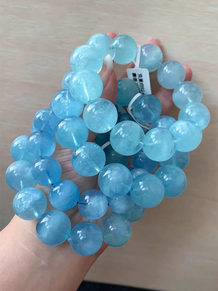 Pulsera de cuentas redondas transparentes de Aguamarina azul Natural para hombres y mujeres, joyería de Aguamarina elástica de Brasil, joyería AAAAA, 10mm, 14mm, 15mm, 17mm