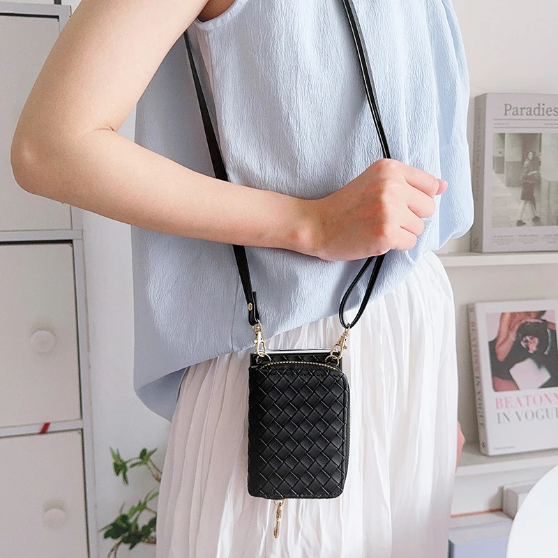 Woven Pattern Crossbody Zipper Wallet with Lanyard and Card Slot - PU Leather Case