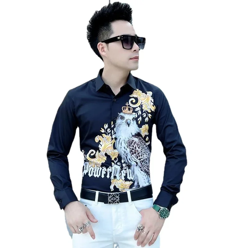 Long -sleeved Men's Shirt, Korean Trend Hot Drill Yellow Print Lapel Shirt, Single -breasted Owl Pattern Black Men's Clothing