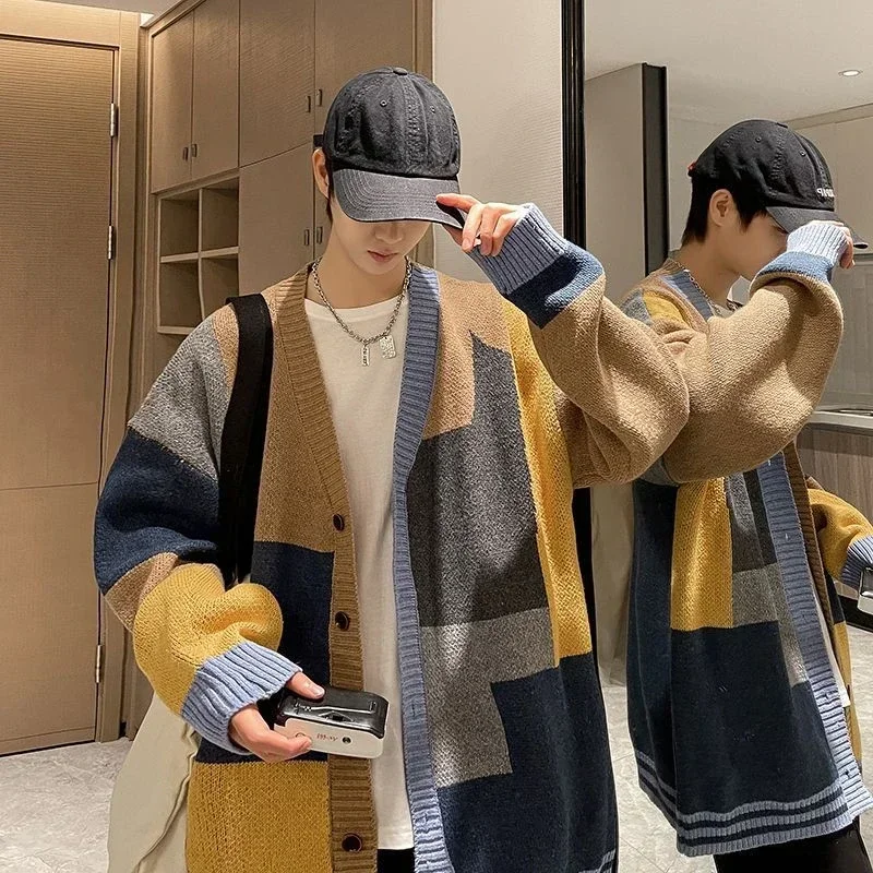Cardigan Homme Tricoté à Boutons - Manches Longues, Col V, Style Grunge Japonais - Chaud Et Décontracté