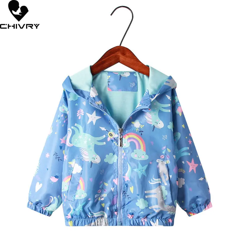 

New 2023 Spring Autumn Kids Coat Jacket Girls Fashion Cartoon Unicorn Hooded Zipper Jackets Windbreaker Outerwear Girl Clothing