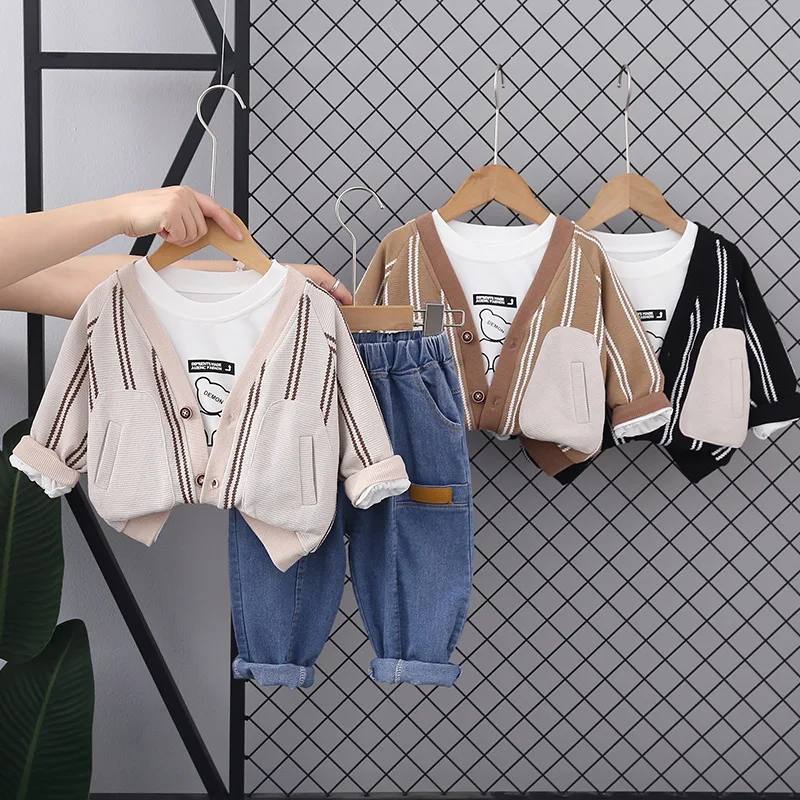 

Spring Autumn Children Boy 3PCS Clothes Set Bear Pullovers Striped Outwear Coat Suit Denim Pants Toddler Boy Outfit Kid Boy Sets