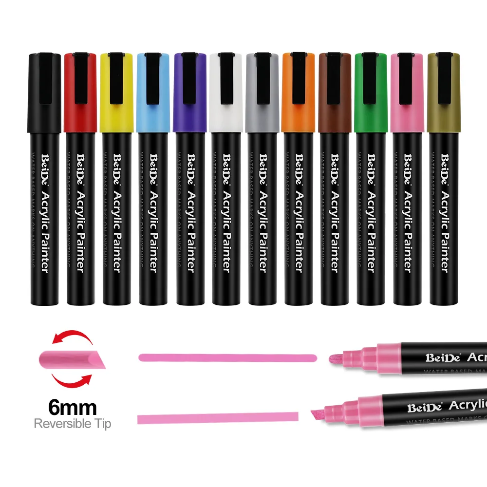 12 Colors Acrylic Paint Marker Set Permanent Art Graffiti Paint Pen for Stone Glass Fabric Canves School Stationery
