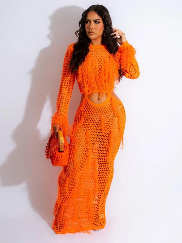 JRRY Sexy Women Crocheted Dresses Tassels Crochet Dress Cover Ups Hollow Out Knitted Beach Swimsuits 1