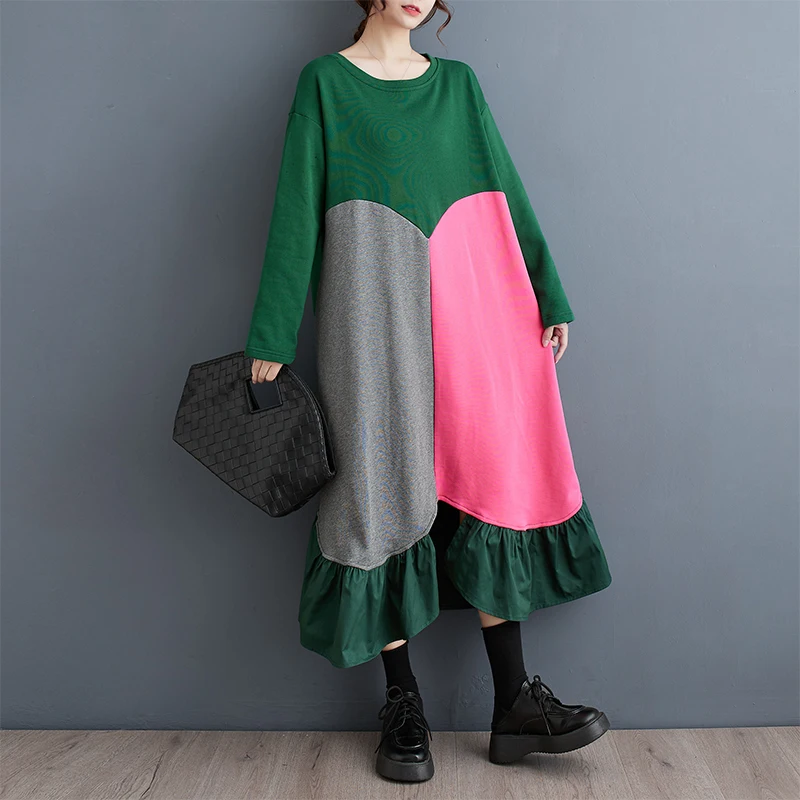 

2023 осенне-зимнее Новое хлопковое женское платье в Корейском стиле, повседневное женское платье, новое Свободное длинное платье большого размера с вышивкой