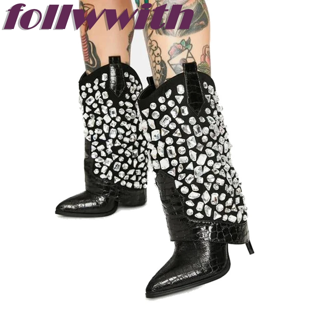 

Luxury Black Rhinestone Crysta Boots Leather Flanging Mid Calf Slip On Stiletto Heel Pointed Toe Women's Fashion Shoes