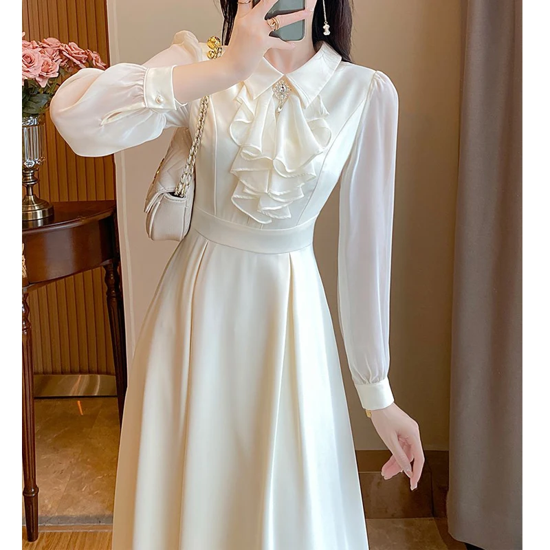 Vintage Ruffles Bow eleganti abiti da festa fata per le donne 2023 autunno moda bianco vita alta Slim pendolare Midi Dress Vestidos