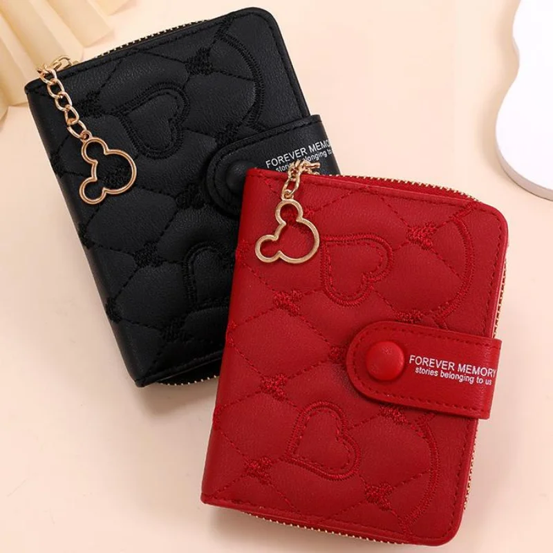 

New Disney Mini Wallet Mickey Mouse Embroidery ID Card Holders Girls Coin Purse Fashion Short Zipper Luxury Wallet for Women