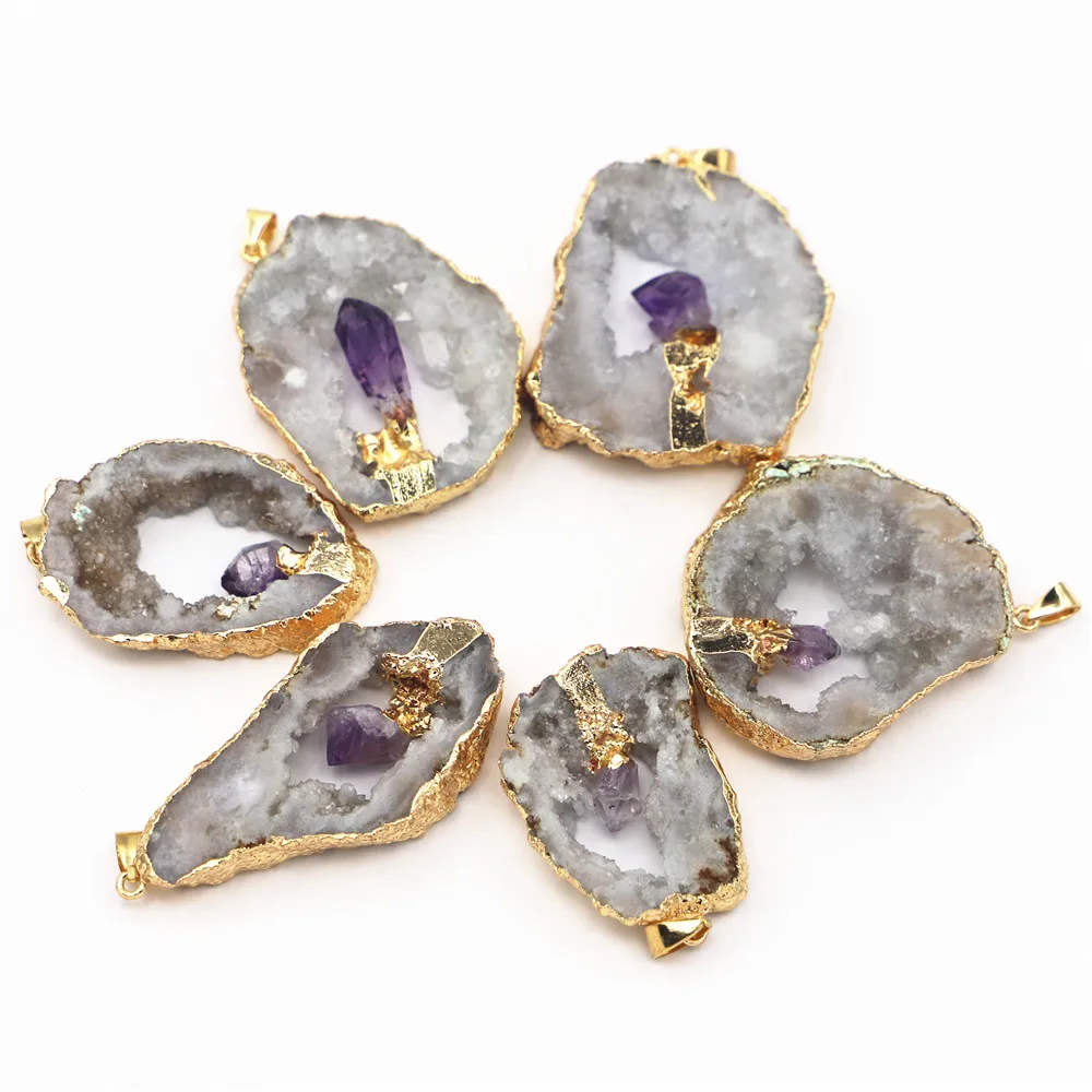 6PCS Hot Geode Stone Agates Healing Slice Pendants Charms Inlaid Natural Amethysts Point Irregular Elegant Quartz Jewelry Making