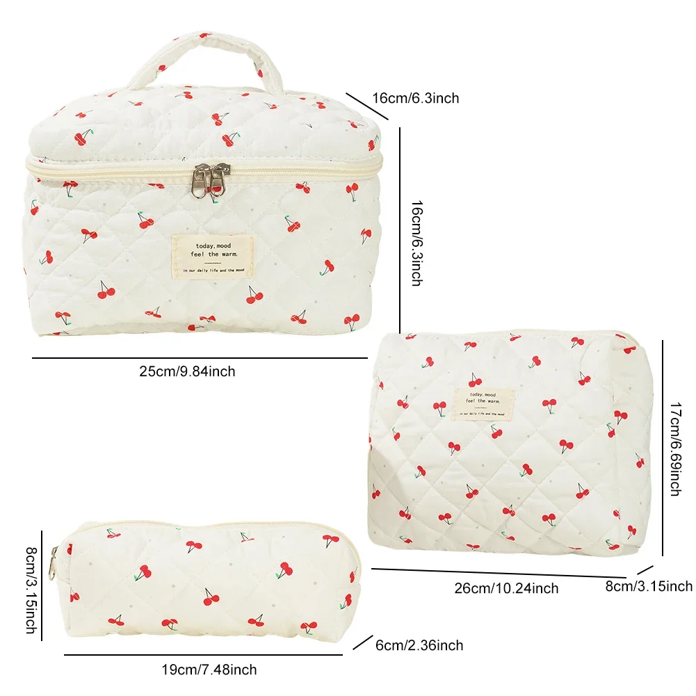 3 PCS/Set Women Quilted Makeup Bag Cherry Pattern Cosmetic Handbag with Clutch Bag & Pen Case Large Capacity Travel Storage Bags 6