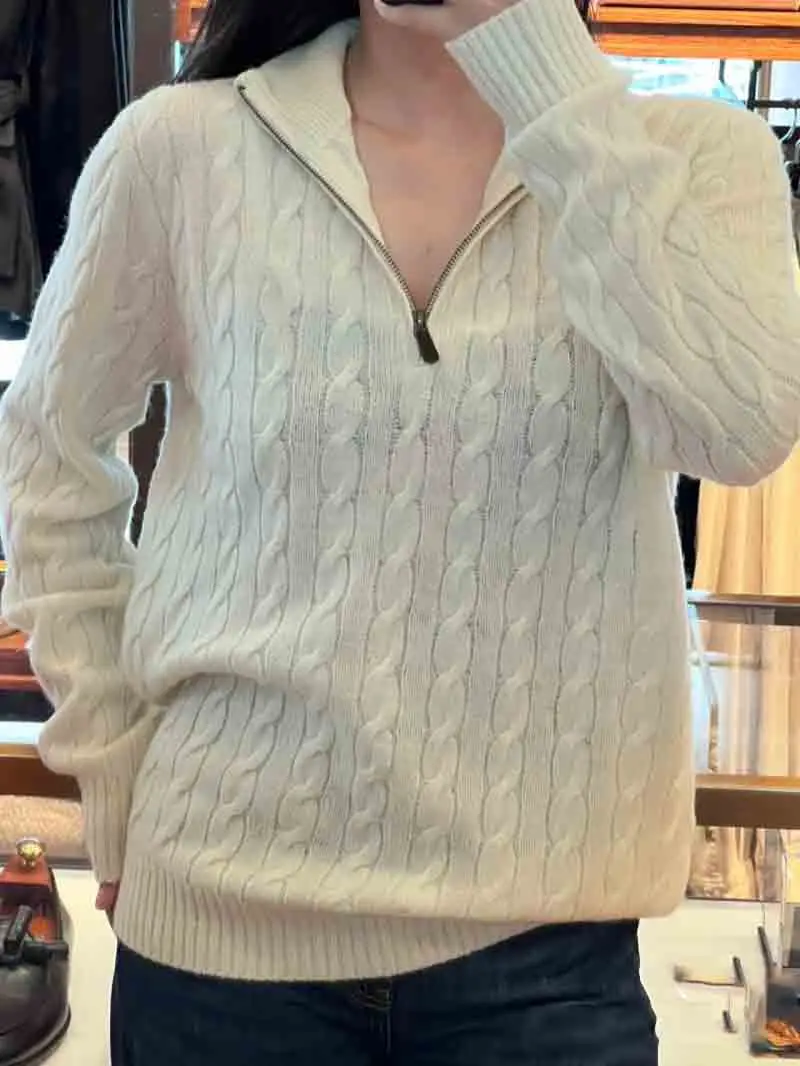 

2024 New College Style Relaxed Leisure Long Sleeve Zipper Stand Collar Fried Dough Twists Knitted Sweater Women