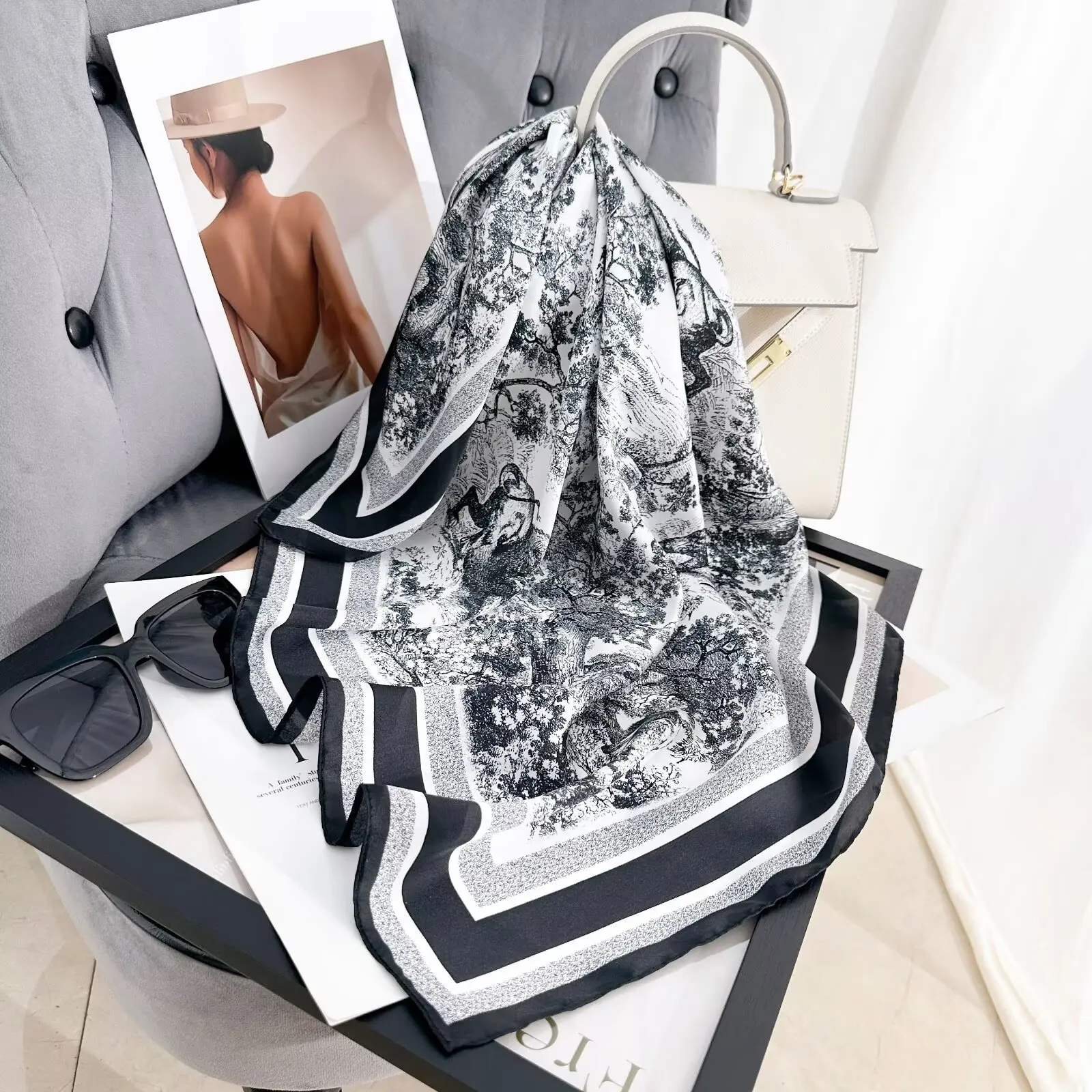 Summer 70cm Hair Print Silk Feeling Scarf For Women Fashion Flowers Neck Tie Hand Bag Foulard Wrist Kerchief Shawl Wraps Hajib