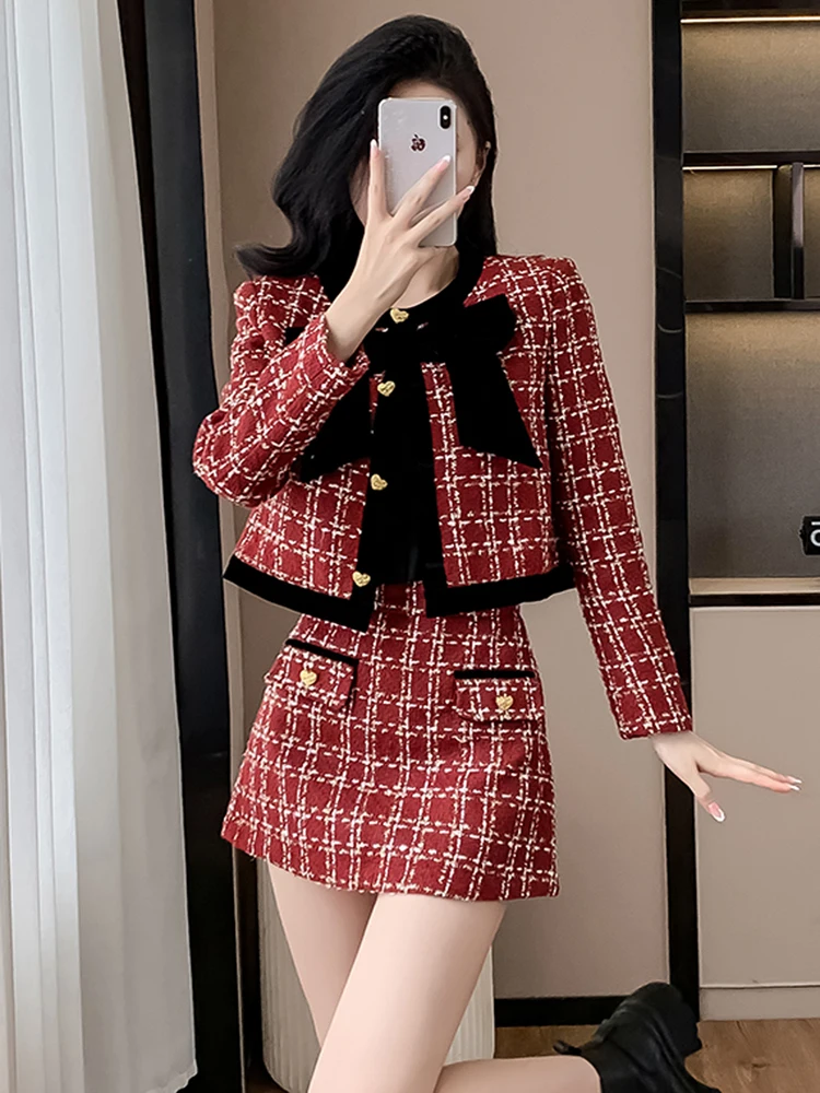 Red Coat With Skirt High Quality Red Plaid Tweed Jacket Coat Skirt