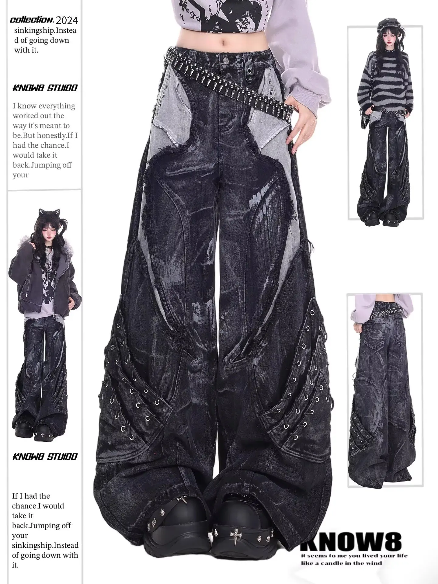 American retro camouflage snake pattern workwear jeans for high street girls hip-hop loose straight leg wide leg floor pants